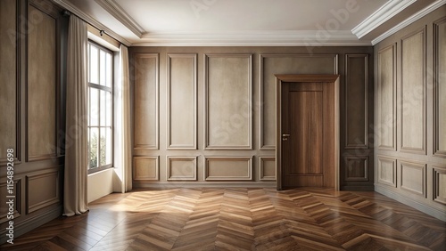 Elegant Room Interior Design with Hardwood Floor and Wooden Door