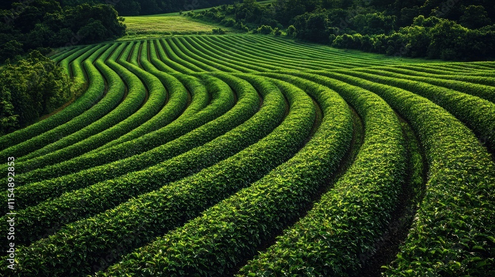 Expansive Landscape of Lush Green Agricultural Fields with Wavy Rows and Vibrant Foliage in a Serene Nature Setting Under Clear Blue Skies Expansive Landscape of Lush Green Agricultural Fields with Wavy Rows and Vibrant Foliage in a Serene Nature Setting Under Clear Blue Skies