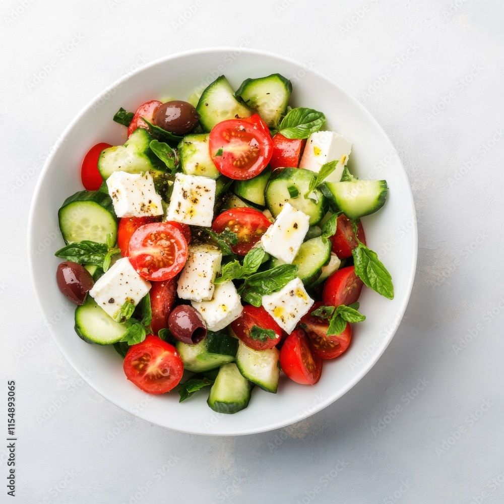 Greek salad with feta and olives. Featuring fresh cucumbers and tomatoes Greek salad with feta and olives. Featuring fresh cucumbers and tomatoes
