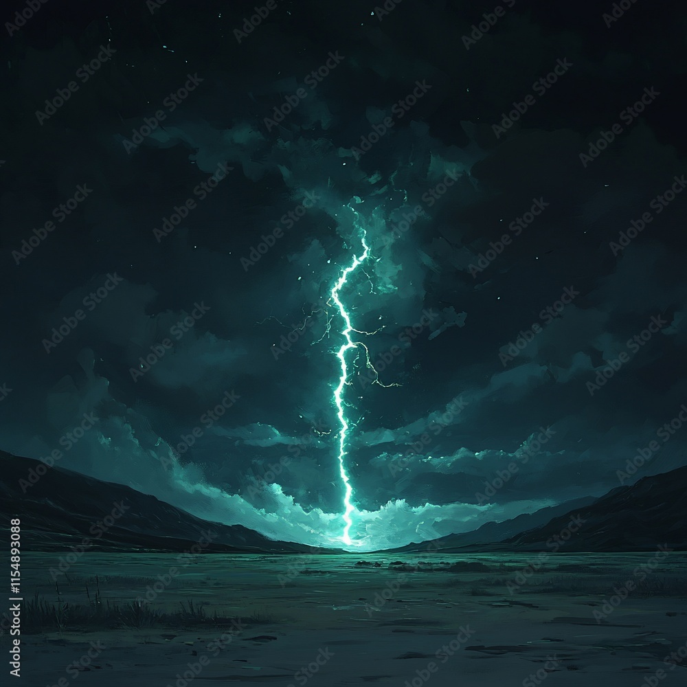 Naklejka premium Teal lightning strike over dark landscape at night.