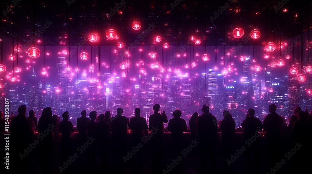 Nightclub crowd with glowing city backdrop. Nightclub crowd with glowing city backdrop.