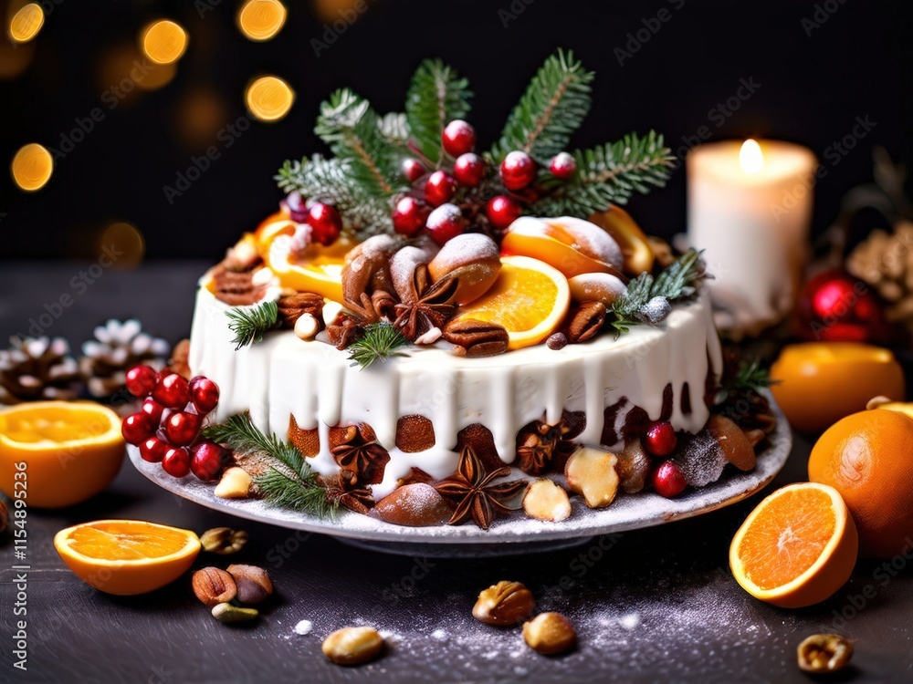 the AI Image Generator, Festive Christmas Cake Decorated With Fruits the AI Image Generator, Festive Christmas Cake Decorated With Fruits