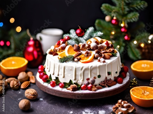 the AI Image Generator, Festive Christmas Cake Decorated With Fruits