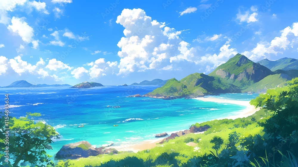Fototapeta premium Island landscape with beach and hills, tranquil view. Anime style.