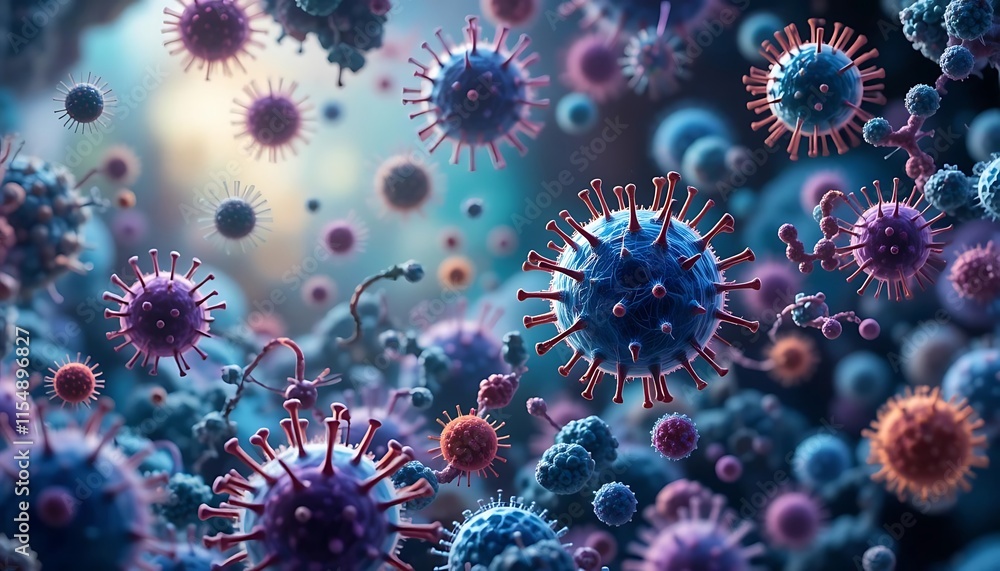 Microscopic Virus Cluster Detailed 3D Render Blue Purple Hues Microscopic Virus Cluster Detailed 3D Render Blue Purple Hues