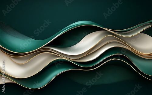 Abstract elegant wave design with teal, off-white, and gold accents. photo