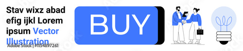 Large blue BUY button, two businessmen shaking hands, and a lightbulb icon. Ideal for e-commerce, business, partnerships, innovation, ideas, calls to action, and conversions. Landing page