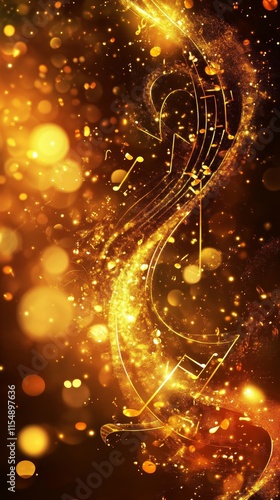 Golden musical notes flowing on a sparkling background