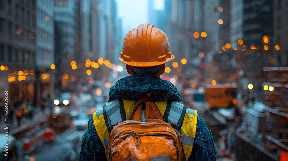 Obraz premium Construction worker looking at city skyline.