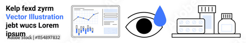 Computer screen displaying data analytics, eye symbol with blue drop, various pharmaceutical containers. Ideal for healthcare, data analysis, medical research, pharmaceuticals, eyecare, technology
