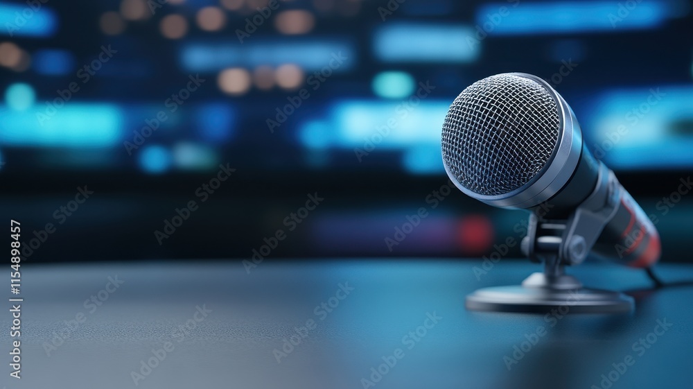 A detailed view of a microphone on a sleek recording studio desk, capturing the essence of audio production. A detailed view of a microphone on a sleek recording studio desk, capturing the essence of audio production.