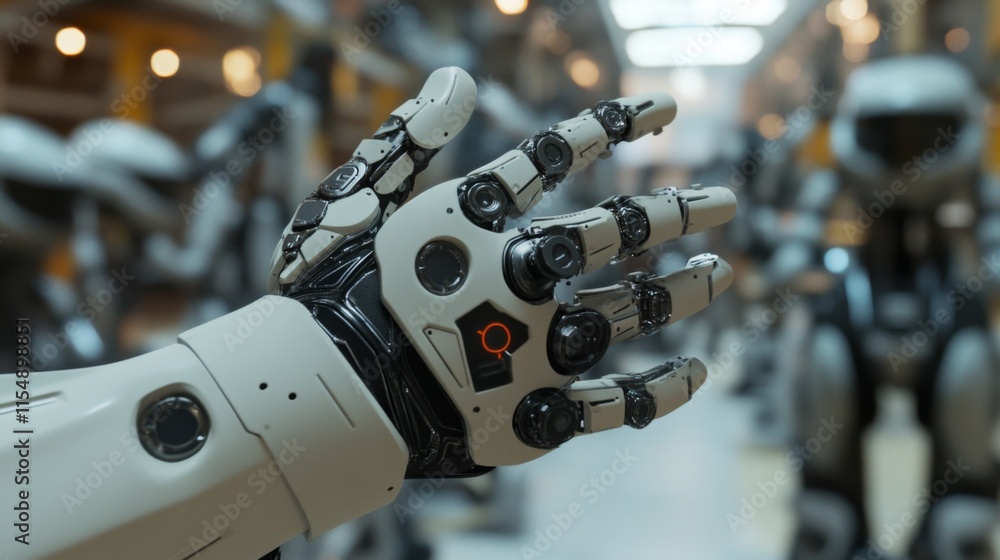 Close-up of a robotic hand with other robots blurred in the background. Close-up of a robotic hand with other robots blurred in the background.