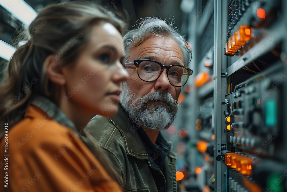 Fototapeta premium A man and woman, IT specialists, inspect server rack.