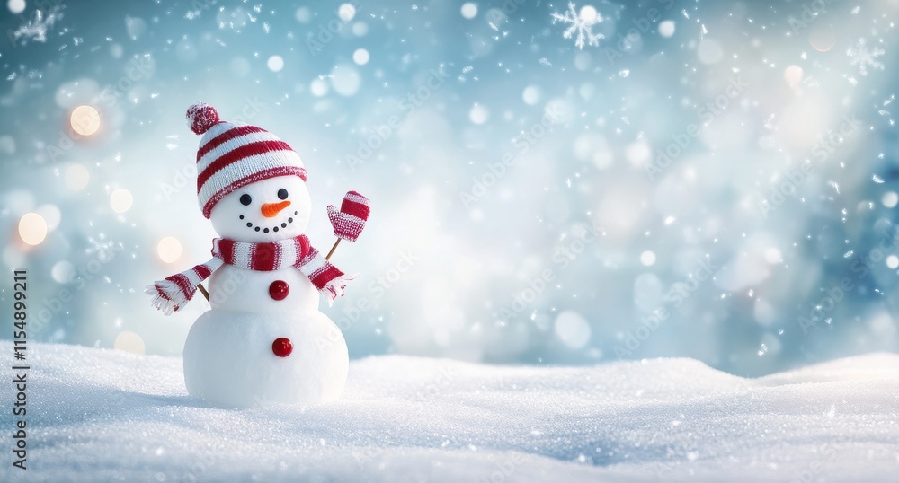 Cheerful Snowman in Winter Wonderland with Red and White Stripes, Surrounded by Sparkling Snowflakes and Frosty Background, Perfect for Festive Holiday Themes Cheerful Snowman in Winter Wonderland with Red and White Stripes, Surrounded by Sparkling Snowflakes and Frosty Background, Perfect for Festive Holiday Themes
