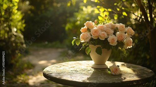 A vase of fresh garden roses placed on a stone table in a lush outdoor garden, surrounded by greenery and softly illuminated by sunlight photo