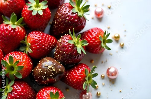 positioned on the right side of the frame, lots of strawberries in dark chocolate with gold leaf spraying, mother-of-pearl beads scattered around, on a light background