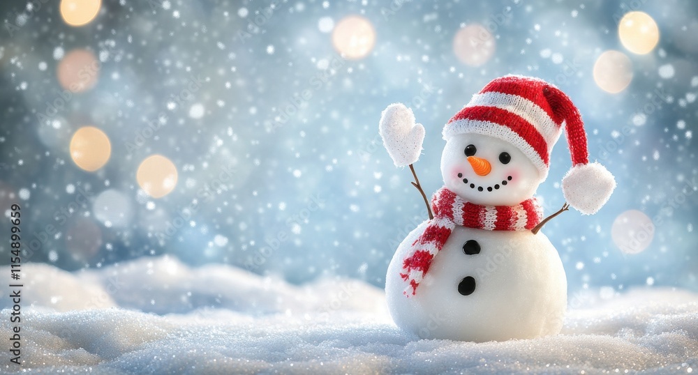 Cheerful Snowman with a Red and White Hat and Scarf Standing in a Snowy Landscape During a Snowfall with Soft Glowing Lights in a Magical Winter Wonderland Cheerful Snowman with a Red and White Hat and Scarf Standing in a Snowy Landscape During a Snowfall with Soft Glowing Lights in a Magical Winter Wonderland
