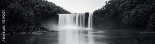A serene black and white image of a waterfall surrounded by lush greenery, creating a tranquil and peaceful atmosphere.