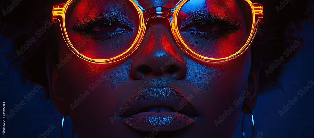 A close-up portrait of a person with vibrant glasses and dramatic lighting. A close-up portrait of a person with vibrant glasses and dramatic lighting.