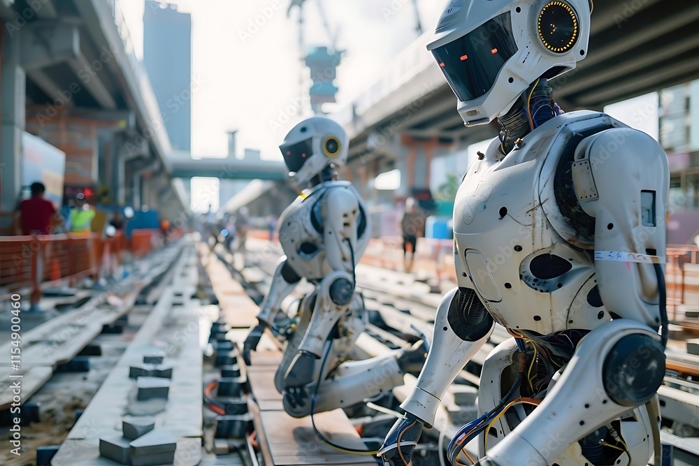 Fototapeta premium Two humanoid robots kneeling on train tracks in a city during construction.