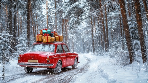 A red car loaded with colorful gifts drives through a snowy forest, creating a festive winter atmosphere. photo