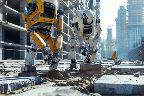 Two robots working on a construction site in a city.