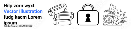 Stacked coins, a padlock symbolizing security, and a flower garden. Placeholder text elements in various fonts and styles. Ideal for finance, security, protection, growth, gardening layout design