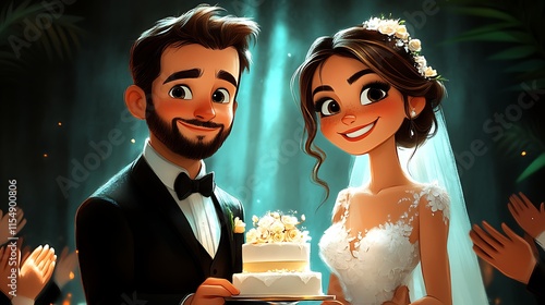Happy cartoon couple cutting wedding cake.
