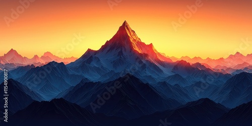 A stunning mountain peak illuminated by a vibrant sunset, surrounded by layers of dark silhouettes, creating a dramatic and serene landscape.