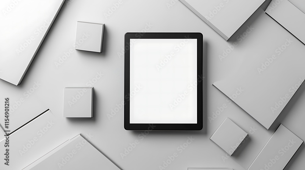 A 3D minimalist scene of a digital mortgage application form on a tablet, a blank white background with subtle geometric shapes, ambient light illuminating the screen, mood of efficiency and calm A 3D minimalist scene of a digital mortgage application form on a tablet, a blank white background with subtle geometric shapes, ambient light illuminating the screen, mood of efficiency and calm