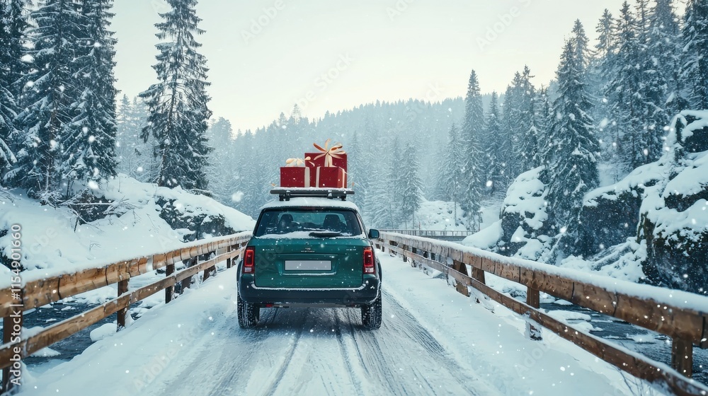 Naklejka premium A winter road trip with a car carrying holiday gifts through a snowy landscape. Perfect for seasonal travel and adventure themes.