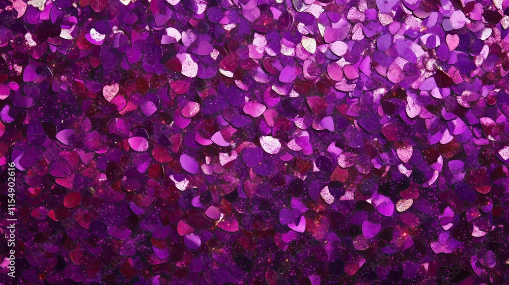 Fototapeta premium top view on flat surface with purple color shining sparkling tinsel, texture background 