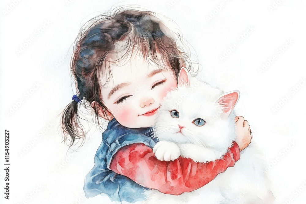 A joyful child hugging a fluffy white cat, capturing a heartwarming moment of affection and companionship. A joyful child hugging a fluffy white cat, capturing a heartwarming moment of affection and companionship.