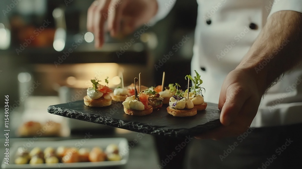 Chef Presenting Exquisite Canape Selection on Slate Plate Chef Presenting Exquisite Canape Selection on Slate Plate