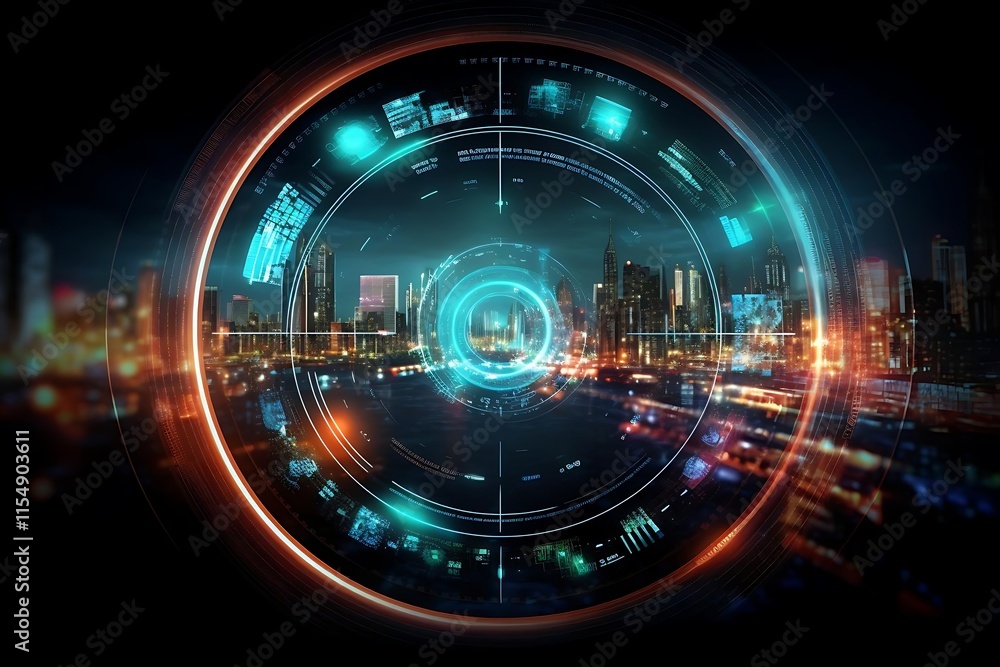 Fototapeta premium Futuristic HUD interface overlaying a vibrant cityscape at night.