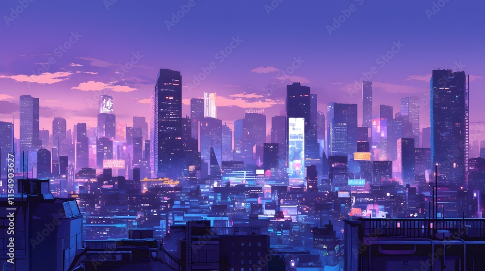 Lo-fi city skyline with purple shades at night
