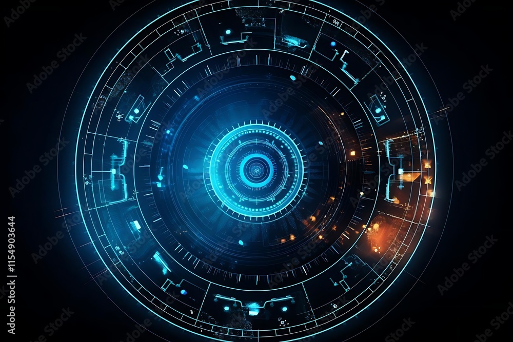 Futuristic circular interface with glowing blue and orange elements. Futuristic circular interface with glowing blue and orange elements.