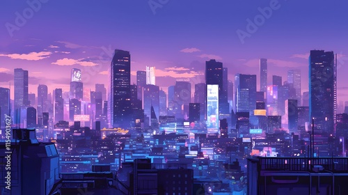 Obraz na płótnie Lo-fi city skyline with purple shades at night w salonie