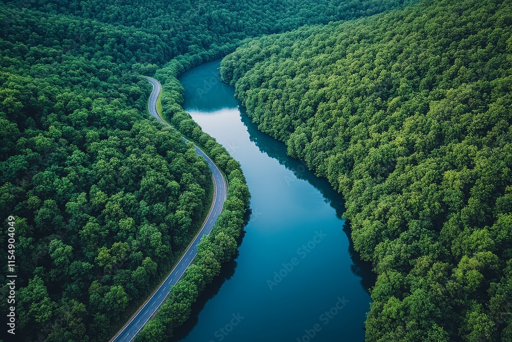 Aerial view of a forest and lake with a highway road, showcasing blue water and natural landscapes in high-resolution photography. Aerial view of a forest and lake with a highway road, showcasing blue water and natural landscapes in high-resolution photography.