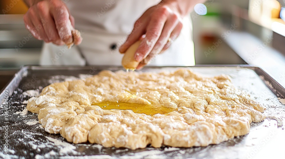A person cracking an egg into a dough on a baking tray. A person cracking an egg into a dough on a baking tray.