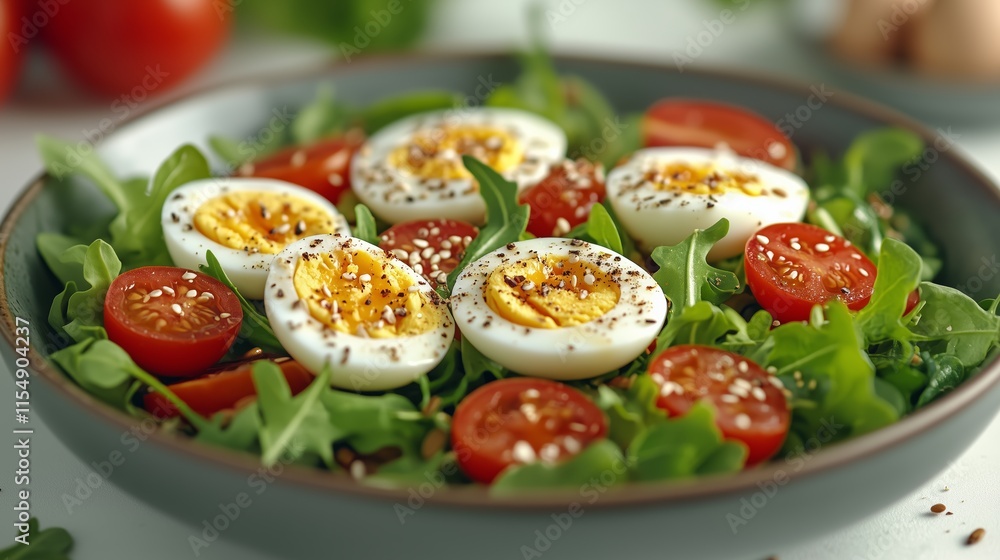 Fresh salad with hard-boiled eggs, cherry tomatoes, and arugula served in a bowl Fresh salad with hard-boiled eggs, cherry tomatoes, and arugula served in a bowl
