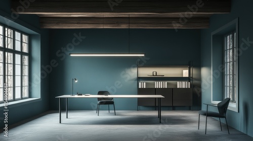 Wallpaper Mural Modern teal home office with desk, chairs, and shelving. Torontodigital.ca