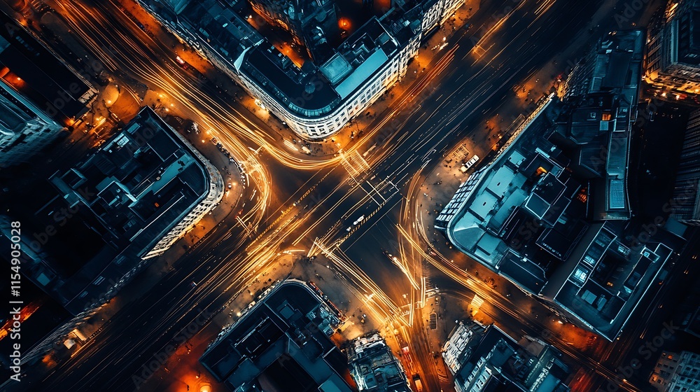Urban Intersection at Night, Aerial View of City Streets and Buildings Urban Intersection at Night, Aerial View of City Streets and Buildings