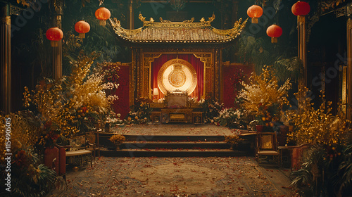 Ornate Asian throne room with gold accents, red lanterns, and floral arrangements.