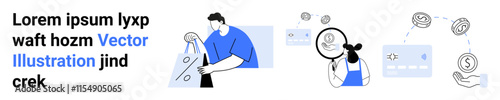 Man working on laptop, woman analyzing documents with magnifying glass, and financial growth concepts with coin icons. Ideal for business analysis, productivity, financial studies, education