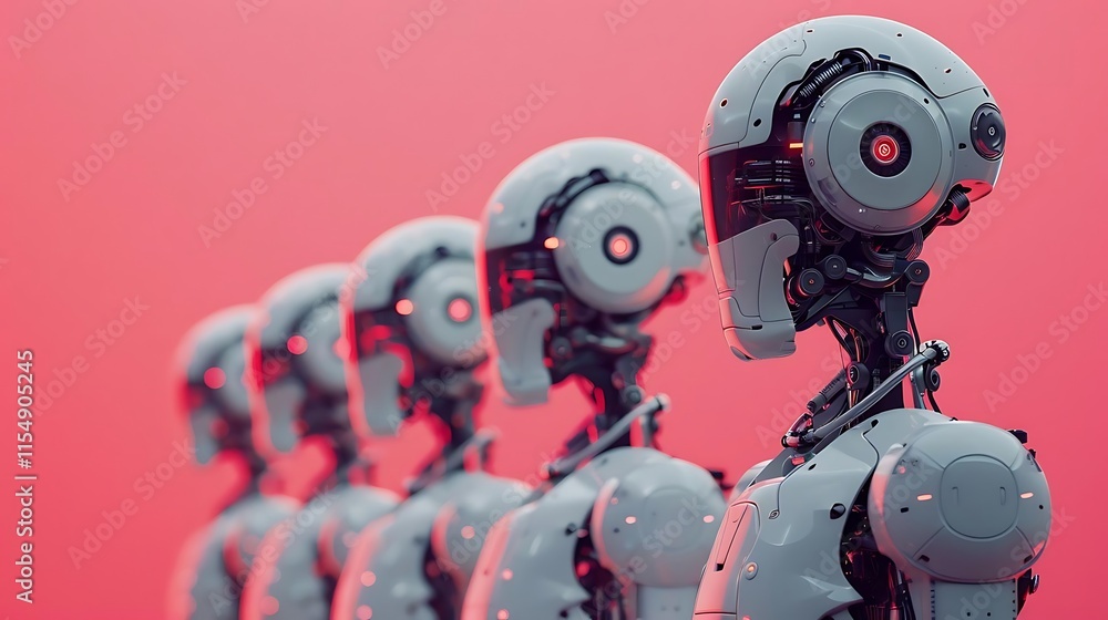 Fototapeta premium Row of futuristic robots with visible mechanical parts against a pink background.