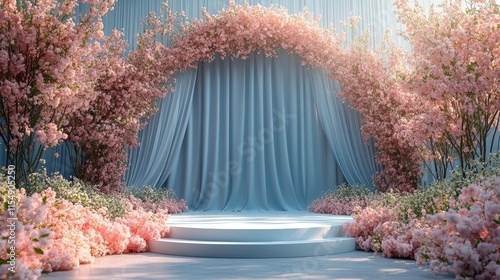 Elegant floral archway with pastel pink blossoms and a white stage.