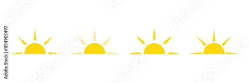 Yellow semicircle doodle half sun Hand drawn icons set in doodle style. Half sun icon.