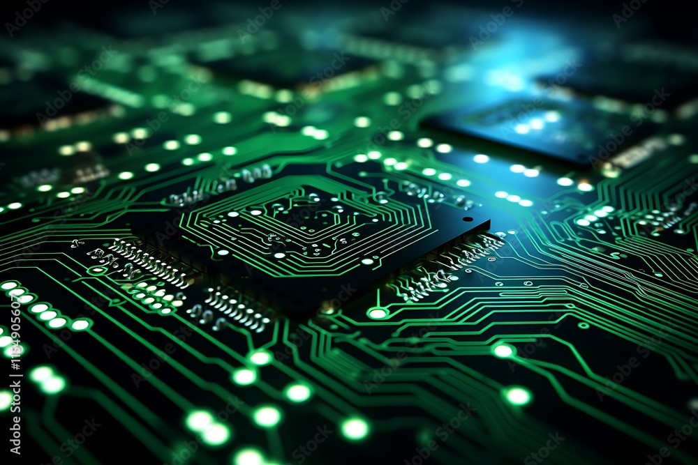 Obraz premium Close-up of a circuit board with glowing green lines and multiple microchips.