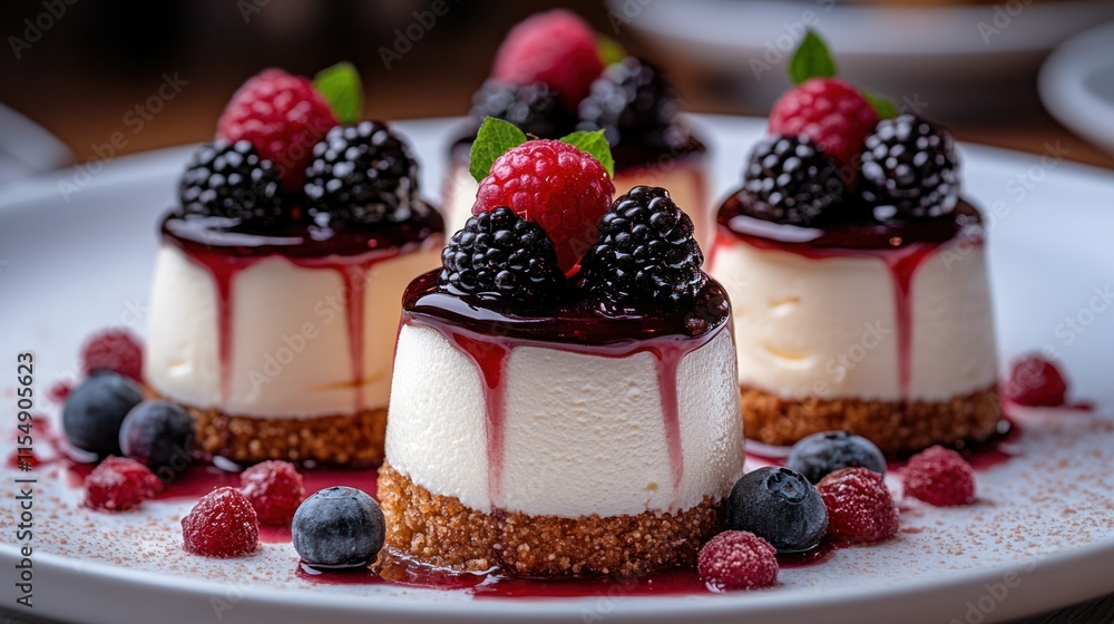 Delicious mini cheesecakes topped with berries. Delicious mini cheesecakes topped with berries.